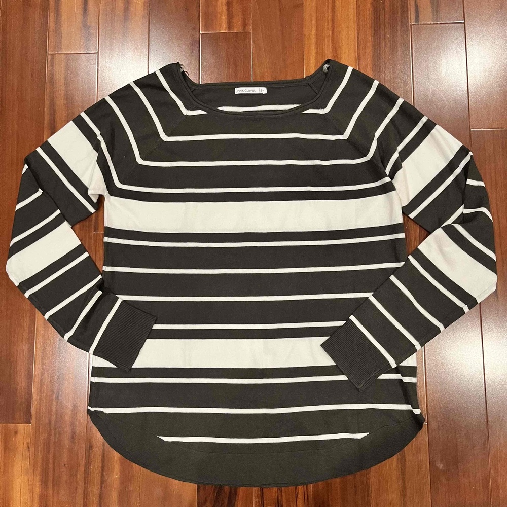Pink Clover Dark‎ Green Sweater Striped Crew Neck Long Sleeve Top Size Large
